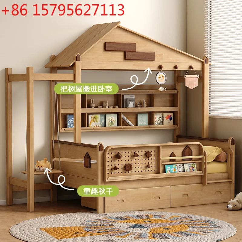 Full solid wood children's bed guardrail half-height bed boys solid wood tree house storage bed girls cartoon with swing