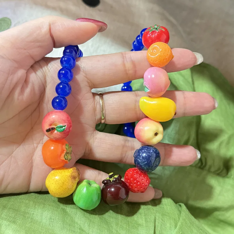 Layered Beads Fruit Necklace Colorful Beads Stackable Necklace Bracelet Set Cherry Geometric Bohemian Collarbone Chain Beach