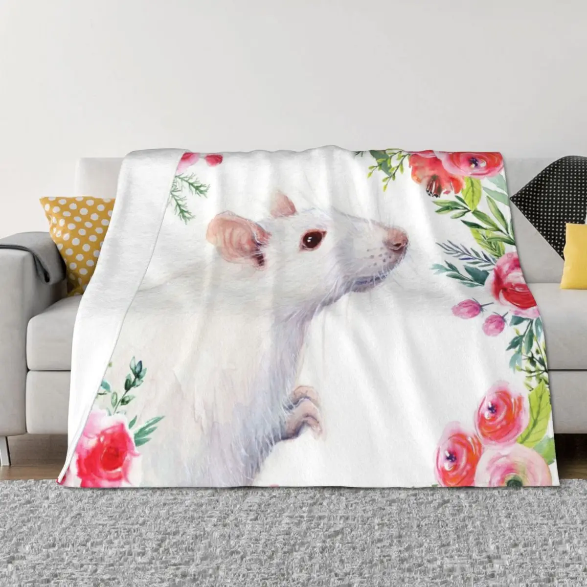 

White Rat and Red Flowers Watercolor Floral Animal Throw Blanket Giant Sofa Polar Luxury Loose Blankets