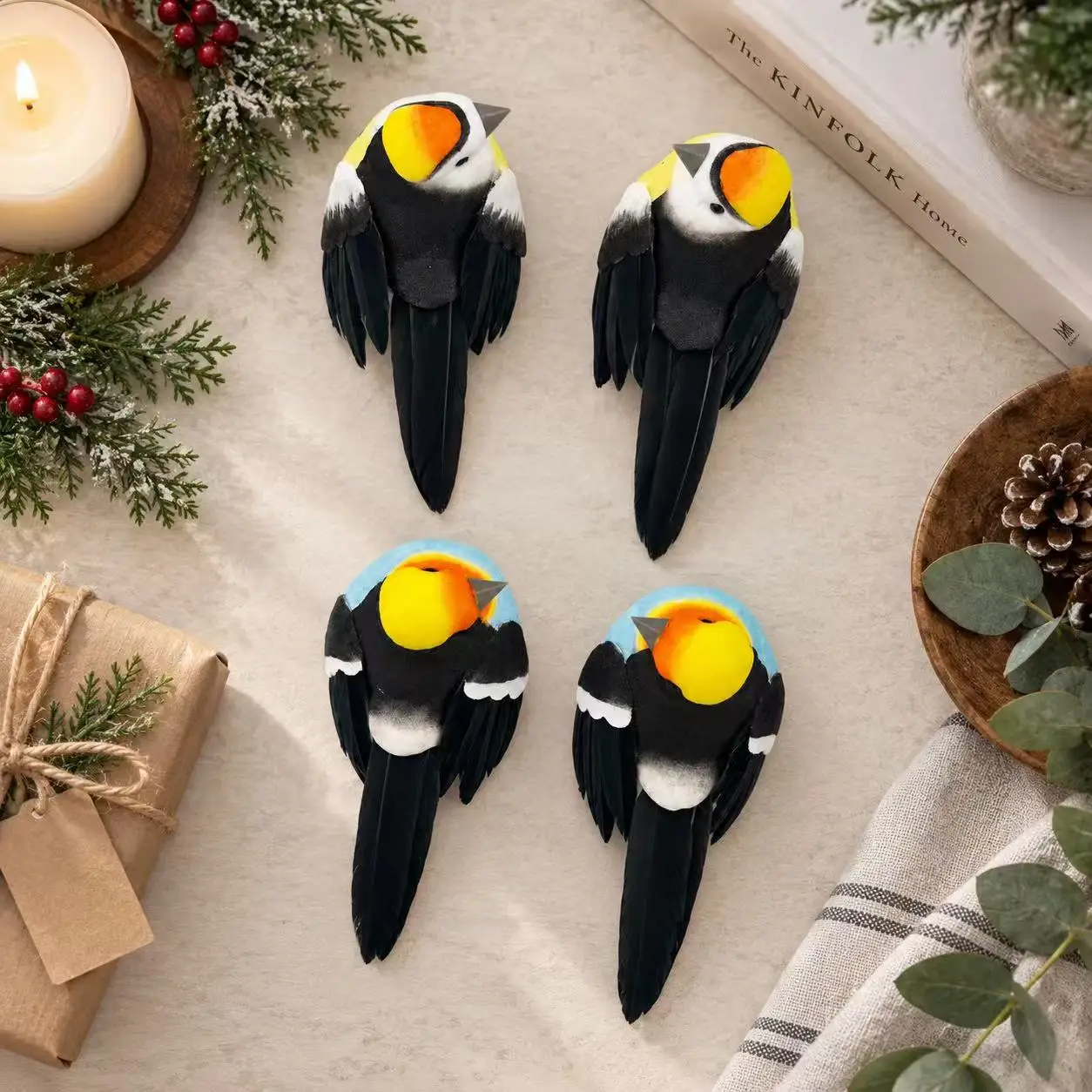 4PCS Artificial Bird Decorations Decorative Bird Figurines for Home Garden Holiday Display Black White Yellow Orange