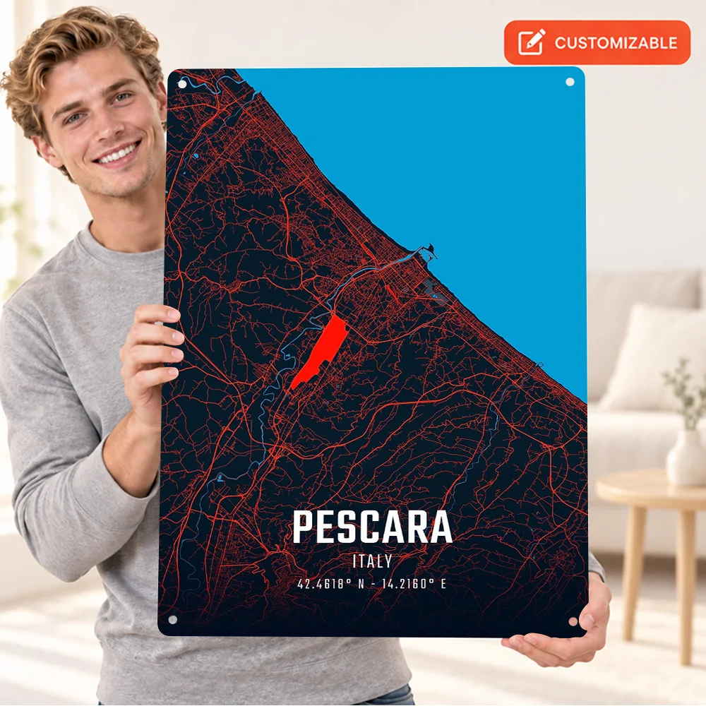 Pescara City Map Aluminum Poster Retro Bold Contemporary Illustration Bedroom Wall Art Personalized Metal Sign Wanderlust Gift