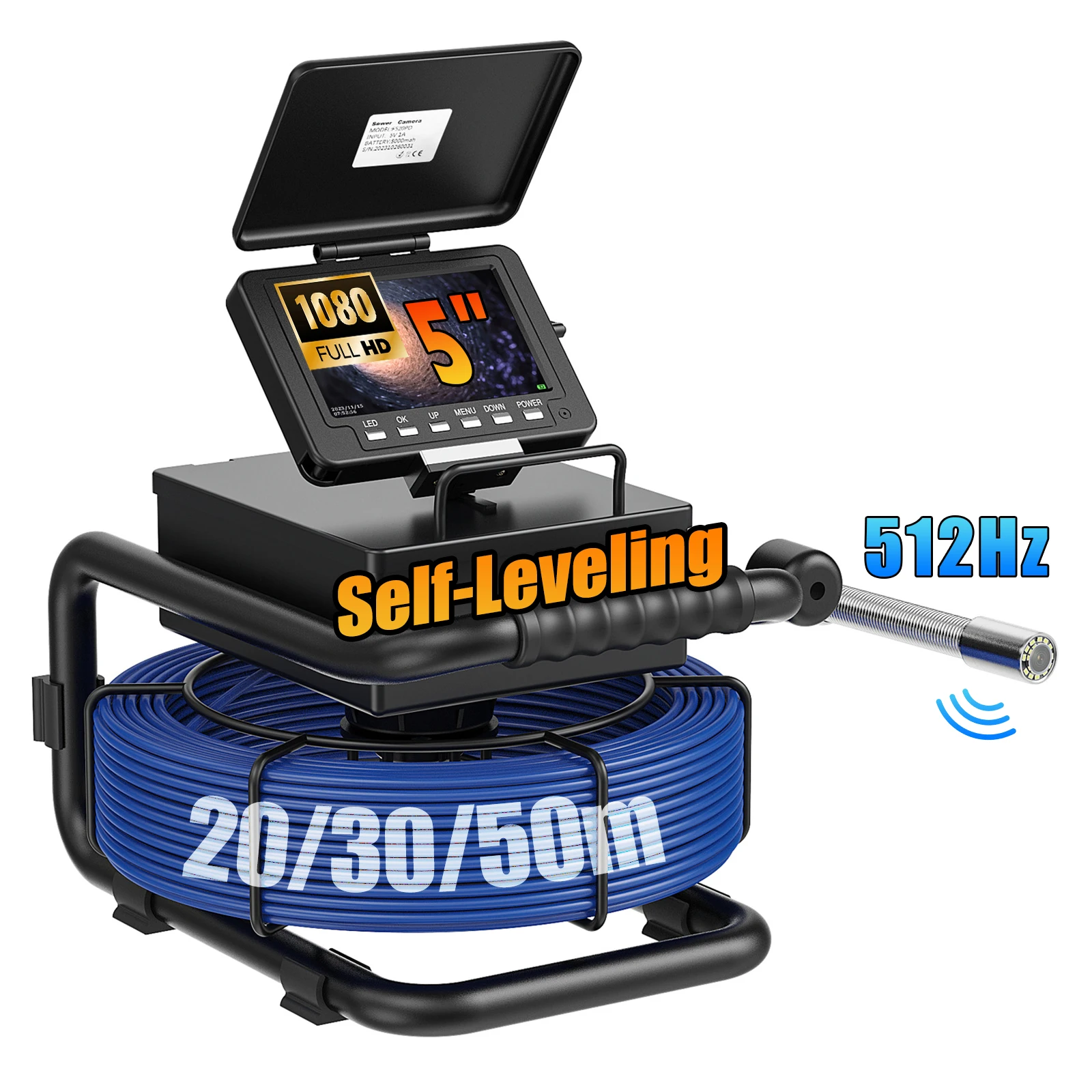 Sewer Inspection Camera -512Hz Self-Leveling Sewer Camera, 5 Inch IP68 Waterproof Endoscope Camera with 12 LEDs 5000mAH Battery
