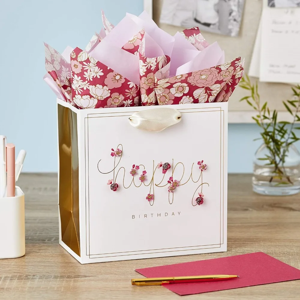 7" Medium Birthday Gift Bag with Pink Flowers & Tissue Paper, Elegant Design for Candles, Books, Jewelry - view 2