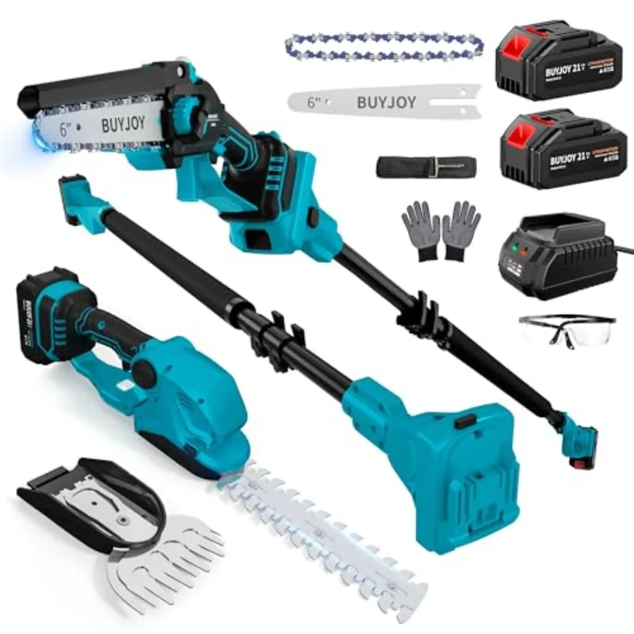

6-in-1 pole saw cordless hedge trimmer combo kit for tree trimming/garden/lawn: blue aluminum alloy dual-action blade brushless
