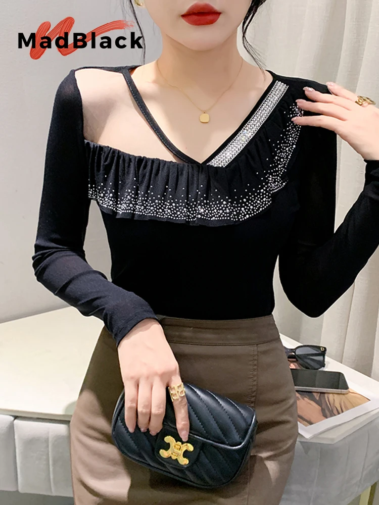 

MadBlack European Clothes Tshirts Women Sexy V Necks Ruffles Drilling Slim Mesh Top Long Sleeve Tee Autumn Spring New T38622JC