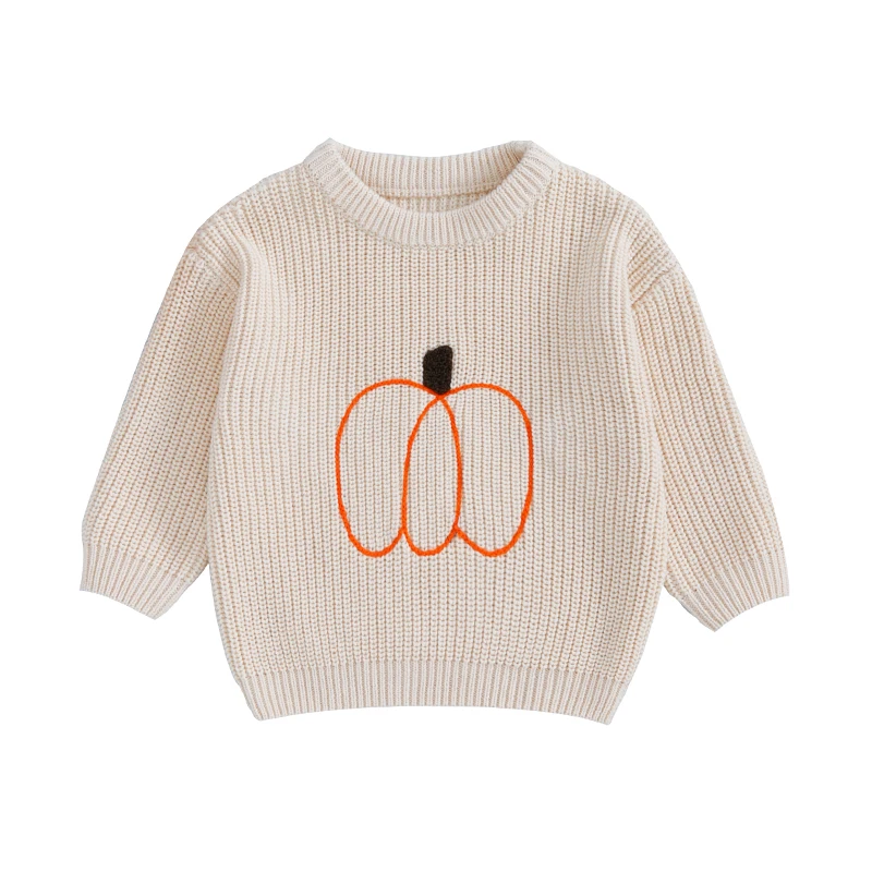 

Baby Boy Girl Halloween Sweater Pumpkin Embroidery Crew Neck Long Sleeve Pullover Tops for Fall Winter