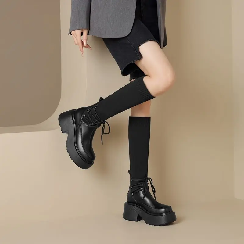 Totomela Größe 34-42 neue Mode Echt leder Stretch stiefel Damenschuhe Plattform Mid Calf Stiefel halbe Herbst Winters chuhe