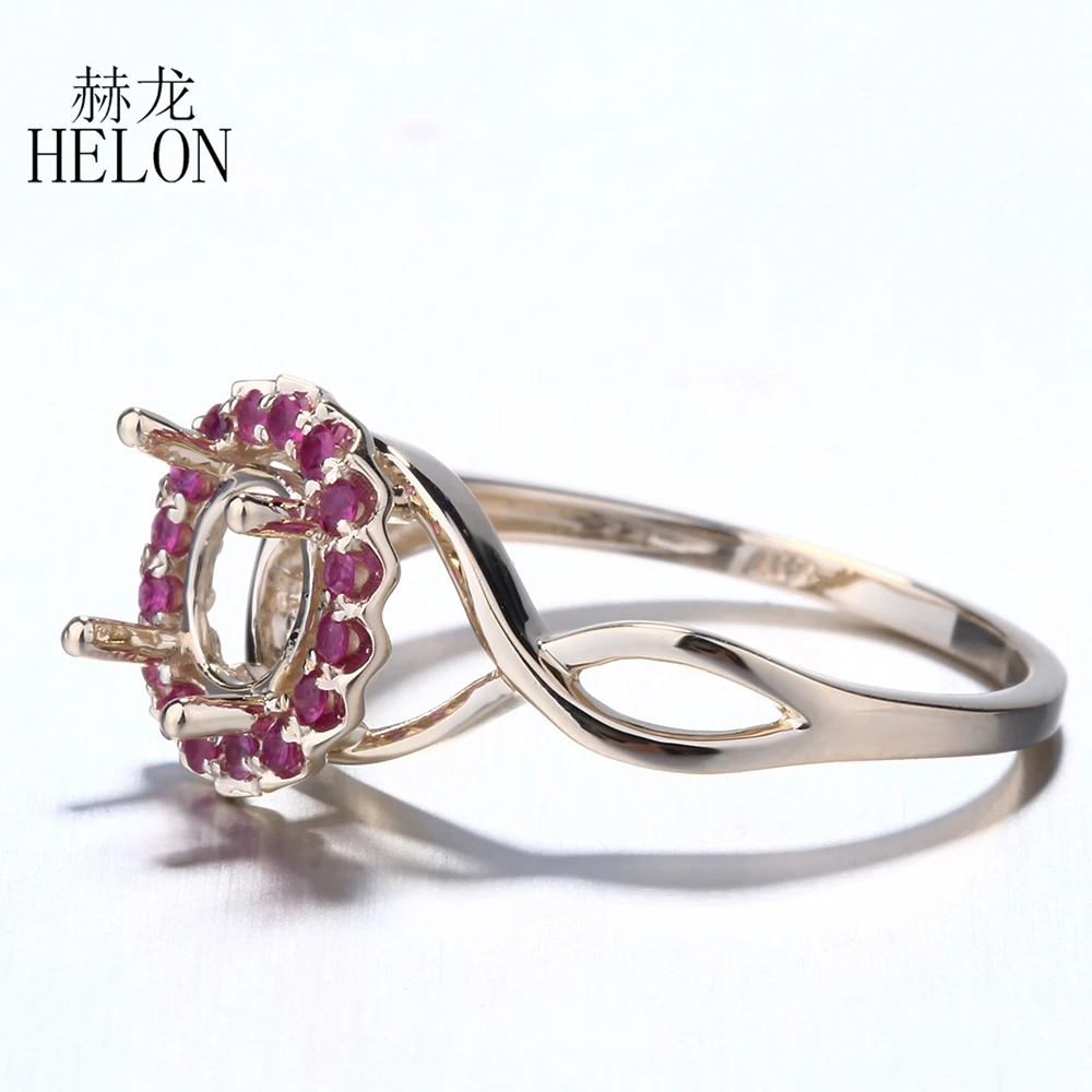 HELON 6.5mm - 7mm Round Solid 14K Yellow Gold Genuine Rubies Semi Mount Engagement Ring For Wedding Bride Anniversary Gifts