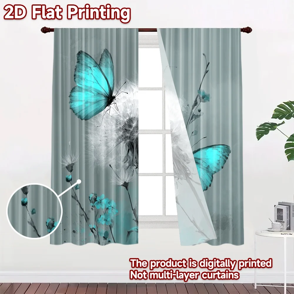 2D flat printing 2pcs Party Curtain Blue Butterflies Floral Dandelion Digital Printed Polyester Drapes Festive Curtains Perfect