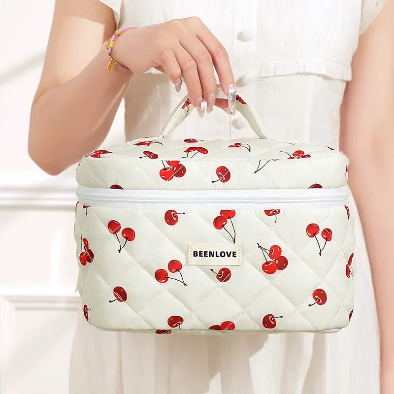 Cherry Flower Quilting Cotton Makeup Bag Women Zipper Cosmetic Organizer Female Cloth Handbag Portable Toiletry Case for Girls