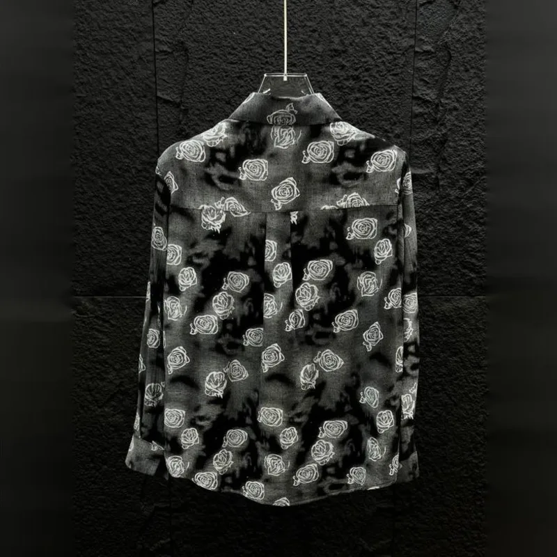 WVGA Summer New Man Elegant Rose Trendy Long-sleeve Shirt Niche Chic Casual Thin Printed Hot Diamond Turn-Down Collar Top W22615