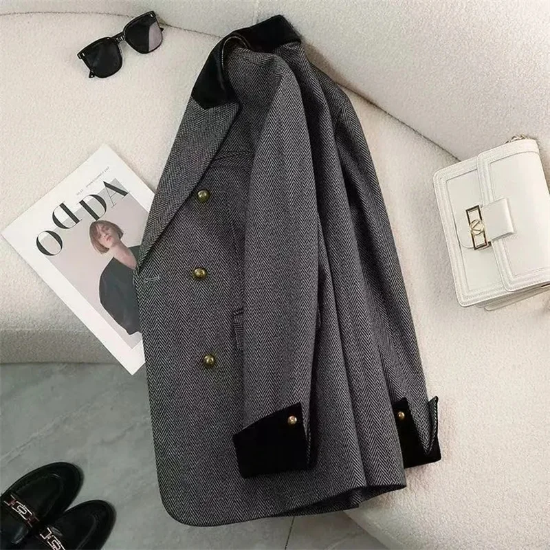 Veste de costume en laine pour femme, vêtement de bureau, Chic, gris, motif à chevrons, épais, décontracté, nouvelle collection automne hiver