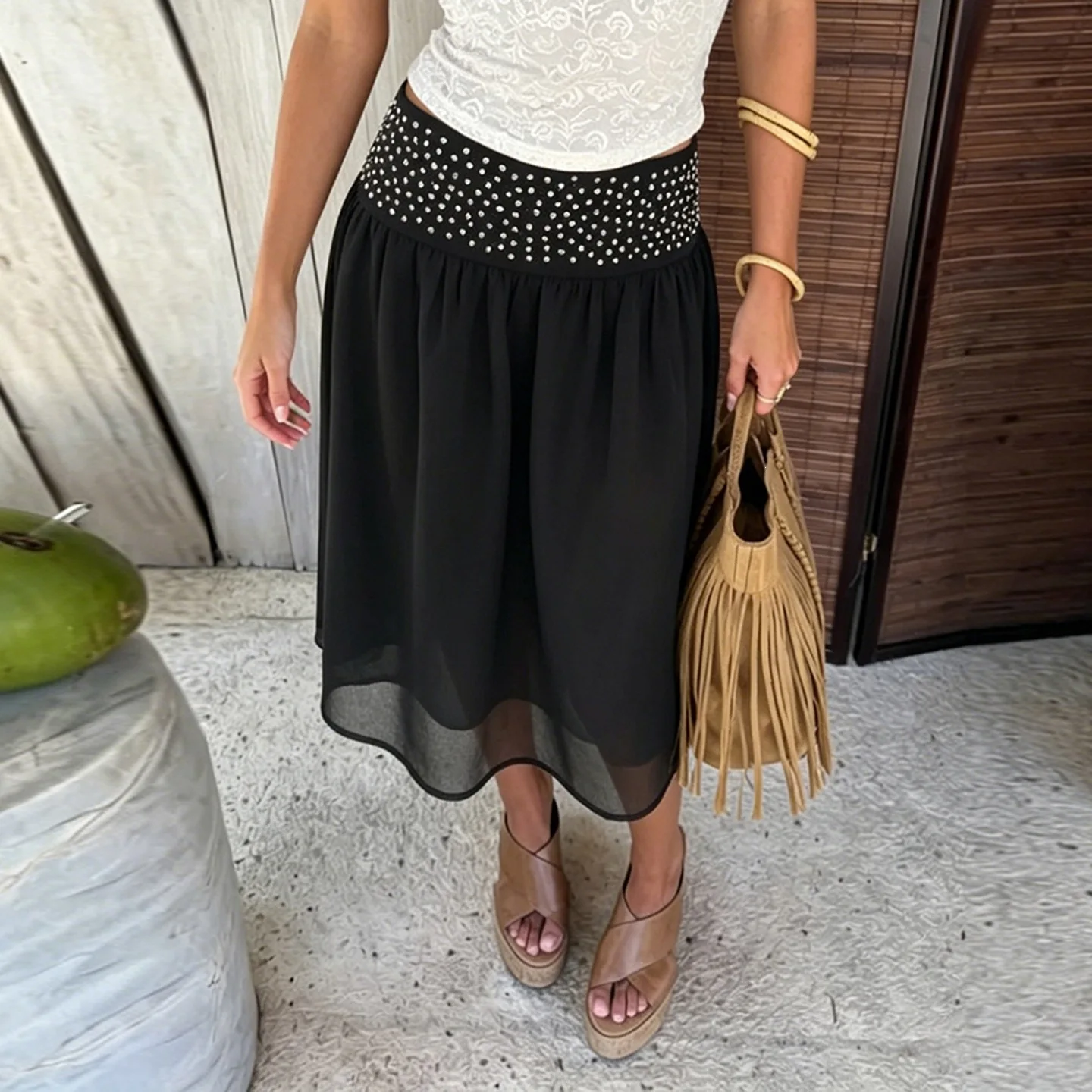 Elegant Low Waist Mid-length Skirt, Personalized Street Style Design, Hot Diamond Loose Drape Skirt
