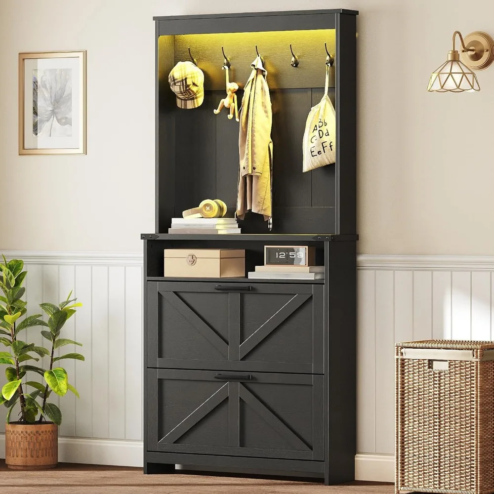 

Farmhouse Shoe Storage Cabinet with 2 Flip Drawers & Coat Rack, LED Light, Hall Tree with Hidden Shoe Cabinet, Freestanding Shoe