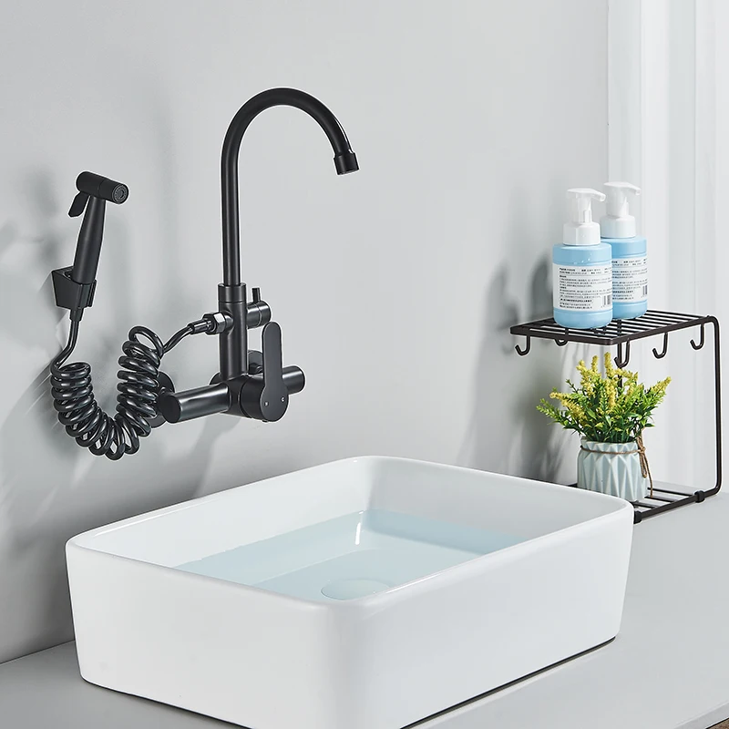 Kitchen Basin Faucet Stainless Steel with Sprayer Rotatable Tap Wall Mount Single Handle Cold Hot Water Mixer Washing Tub Crane