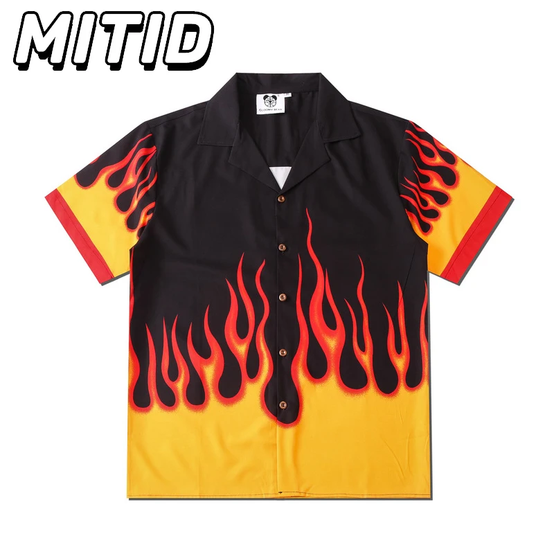 

Harajuku Style Flame Printed Summer Shirt Men Hip Hop Streetwear Single Breasted Men Shirts Korean Fashion Men Shirts Blouses