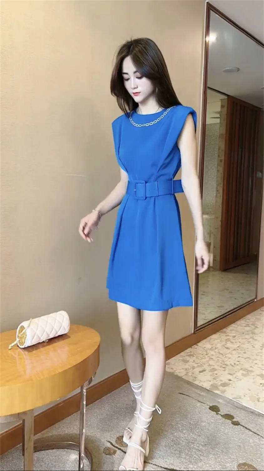 

Summer New High Street Women Sleeveless Solid Color Belt Dress Fashion Corset Flying Sleeve Multicolor Large Size A-line Skirt