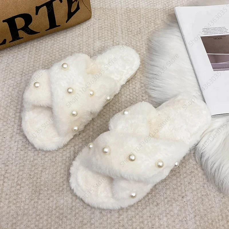 

2025 New Autumn Winter Home Slipper Thick Bottom Cross Plush Cotton Drag Net Red Pearl Fluffy Slippers Women Wear