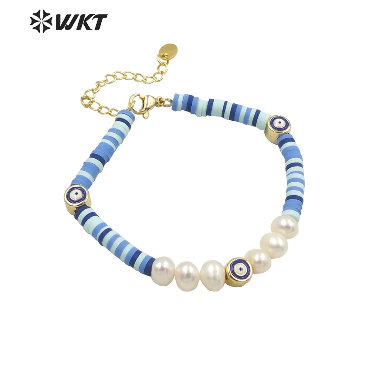 

WT-MPB066 Amazing gold plated Blue beads charming Eye Bracelets Attactive Pearl lobster clasp with extend Birthday bracelets