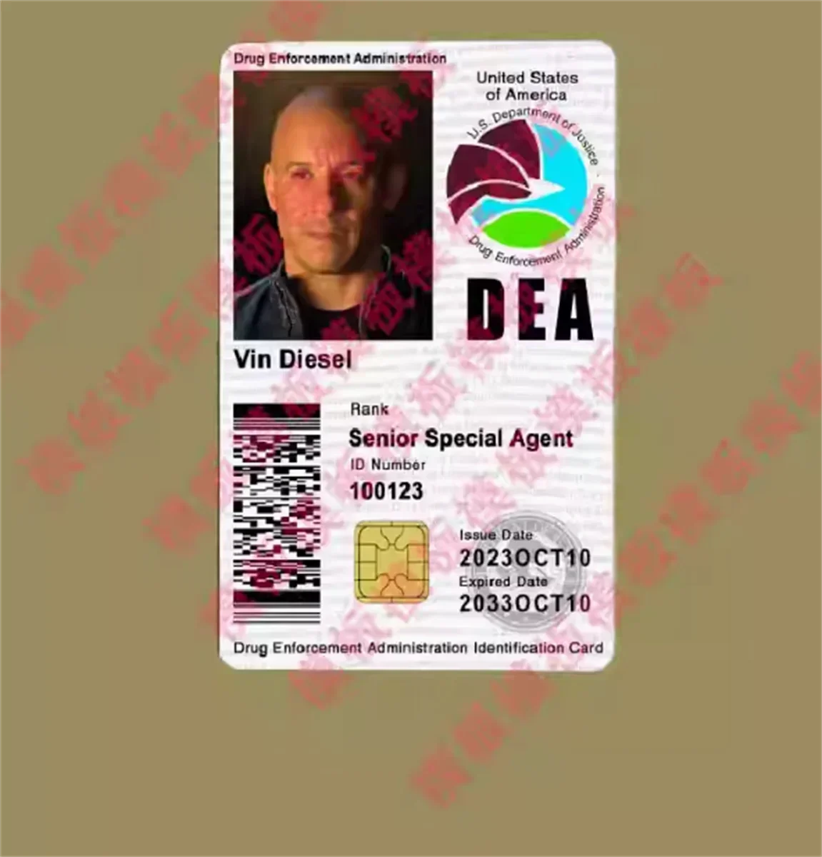 

US DEA Identity COS Card Movie Prop Card Vertical Version Customizable