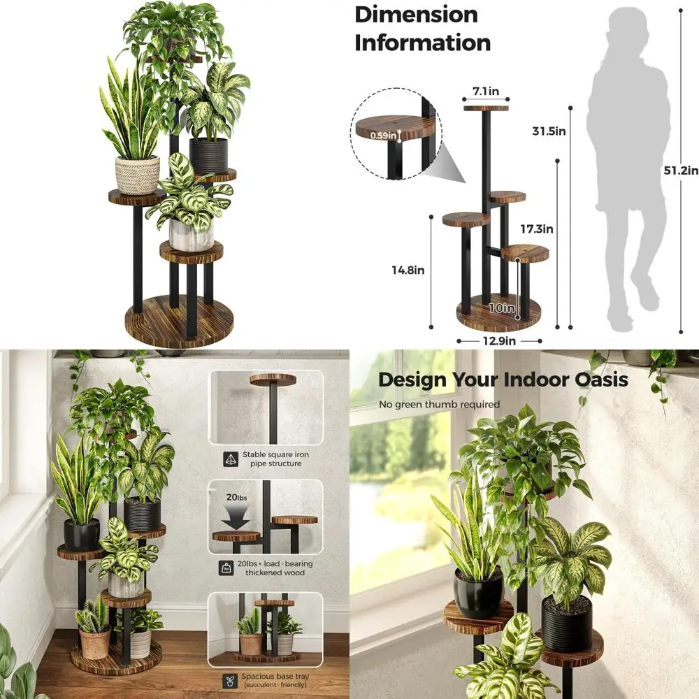 Bamworld 4 Tier Plant Stand Indoor, Tall Metal Wood Plant Shelf Outdoor,Small Flower Pot Holder Table Rack Garden Accessories fo