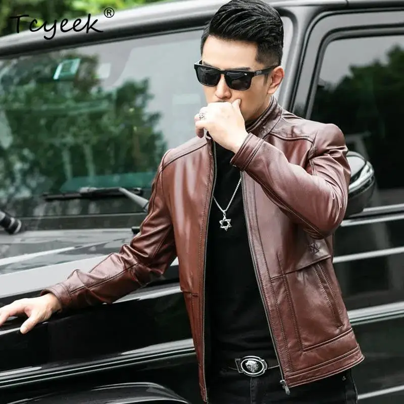 Tcyeek الطبقة العليا جلد البقر ربيع الخريف النسخة الكورية من الوقوف طوق قصيرة الرجال سترة جلدية حقيقية Jaquetas Masculino