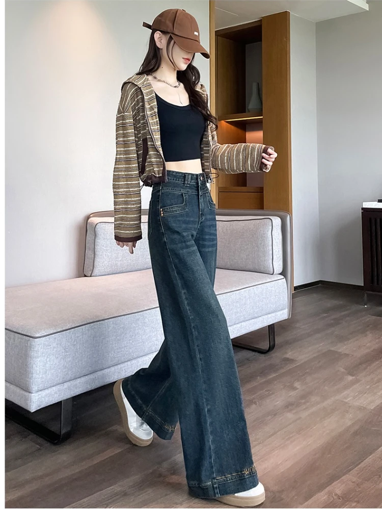 Pantaloni a gamba larga larghi ricamati e velluto a vita alta autunno/inverno da donna 2025 Pantaloni casual versatili alla moda