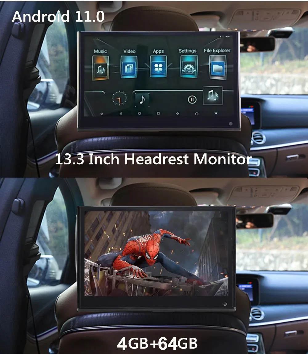 13 Inch Android 11.0 Car Headrest Monitors 4K 1080P Touch Screen Video Player 4+64G WIFI HDMI In Automobile Rear Seat TV Monitor