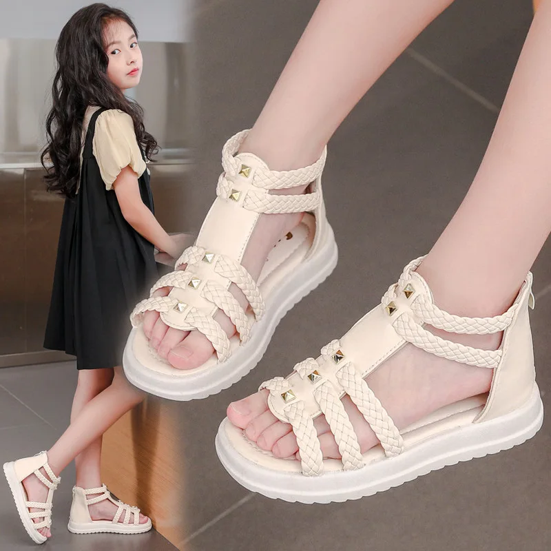 Girls Roman Sandals Open Toe Braided Solid Color High-top Simple Rivets New Summer Hollow Flat Casual Shoes Kids Fashion Casual