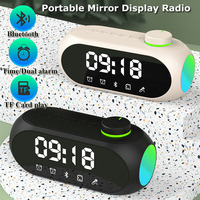Portable FM Radio HD Mirror Display Radios Receiver Hifi Sound Bluetooth Speaker with Clock Dual Alarm Clock Support Handsfree