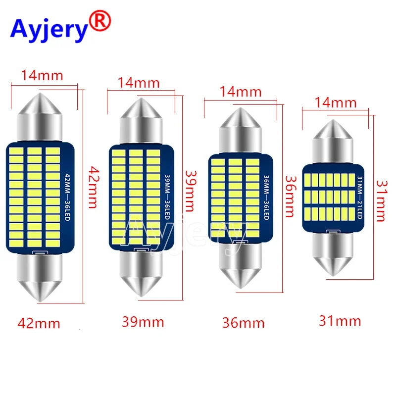 AYJERY 50pcs Festoon Car Light Interior C5W C10W T4W Reading Dome Bulb 31 36 39 41 MM 3014 21/30/36 smd Indicator Signal Lamp