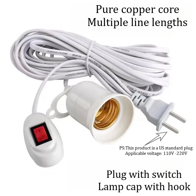 

3/5/10m Lamp Bases Universal With Switch Led Bulb Socket Adapter E27 Screw Lamp Holder Accessories Tools Two Plugs Suspension