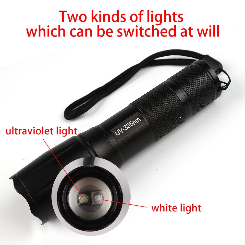 Linternas de doble luz púrpura y blanca, linterna ultravioleta con Zoom, linterna UV retráctil, lámpara de iluminación con detección de agente fluorescente