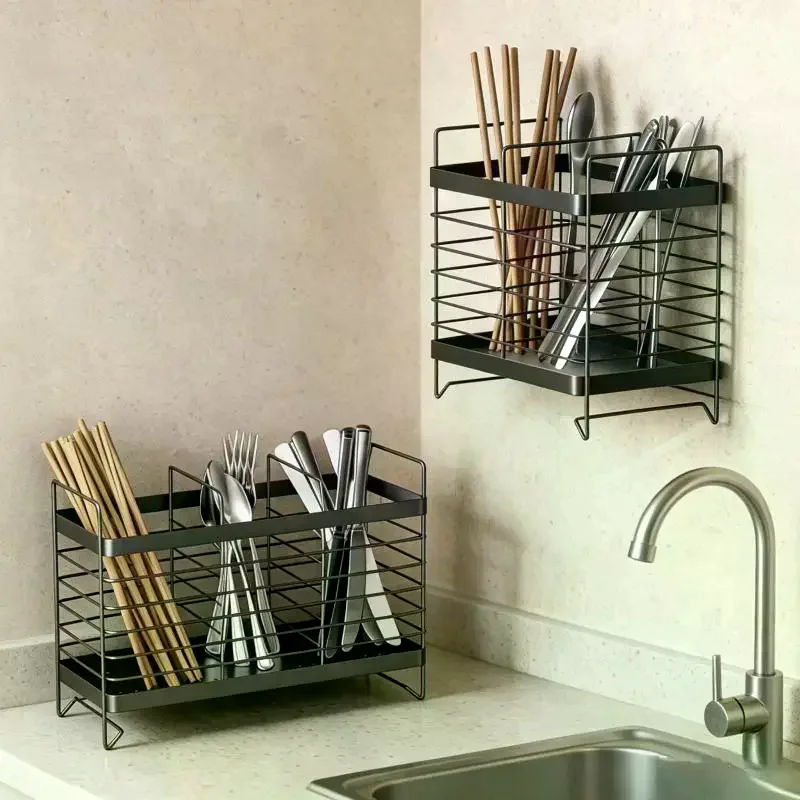 1 Pc 2/3 Grids No-Drill Wall-Mounted Stainless Steel Utensil Holder Space-Saving Organizer for Kitchen Cutlery Small Spaces