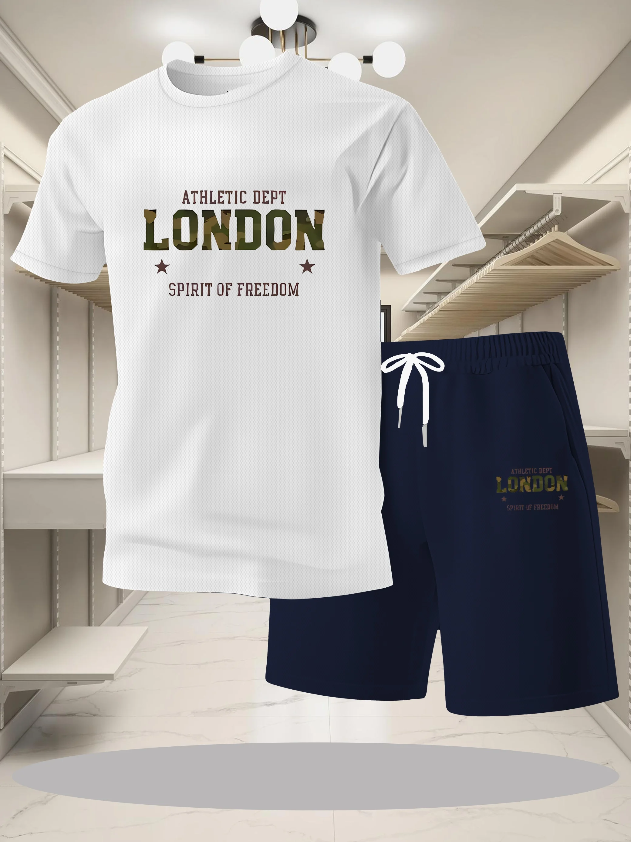 

Quick drying, breathable, comfortable and sweat absorbing! Men's summer loose short sleeved T-shirt drawstring shorts set 2 piec