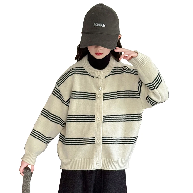 

Spring Autumn Children Striped Knitted Cardigan for Teenage Girl Fashion Casual Beige Color Sweater Kids Female Stylish Knitwear