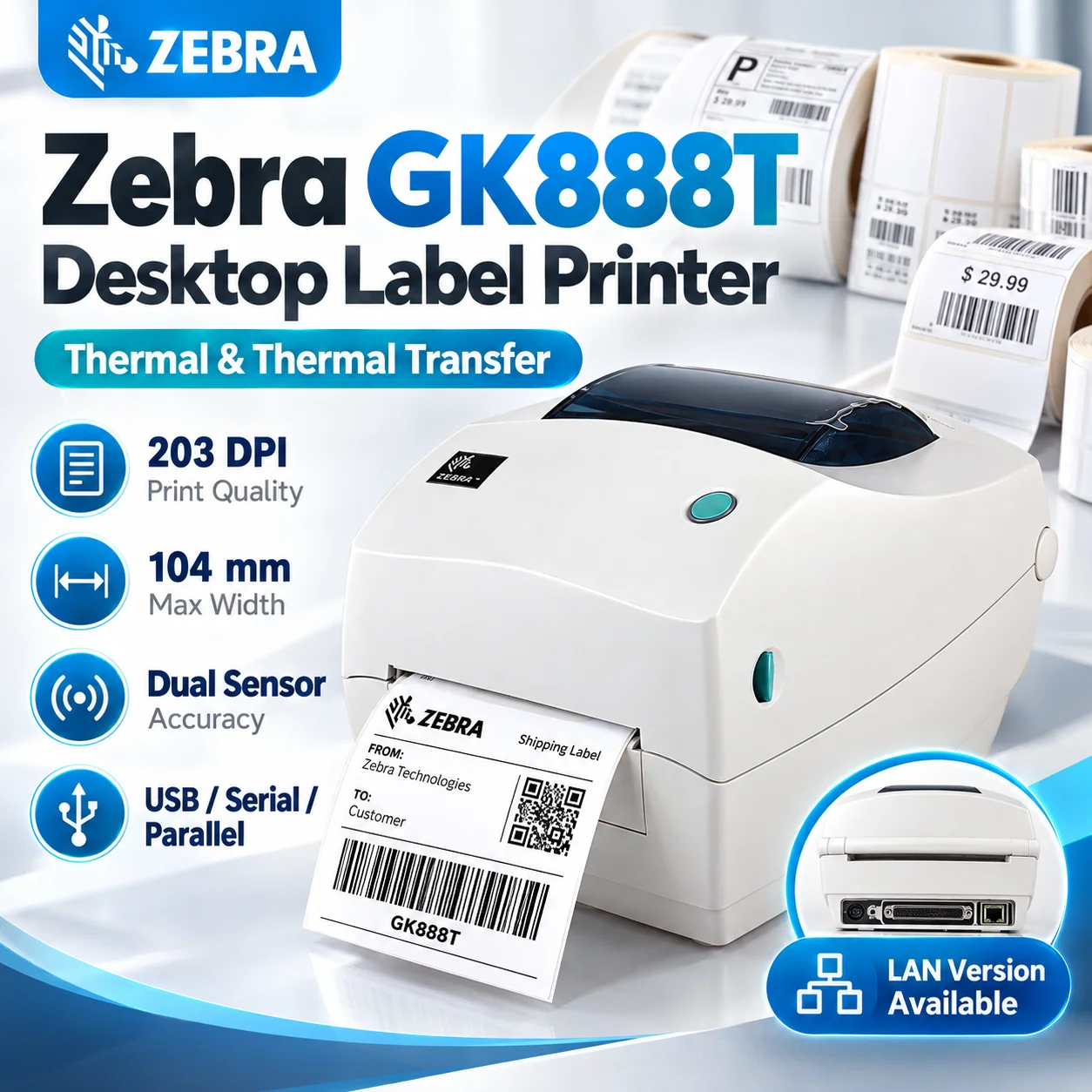 Zebra GK888t Thermal Transfer Thermal Desktop Printer 203dpi Label Printing Barcode Printing + Free 1 Roll Label Paper Gift
