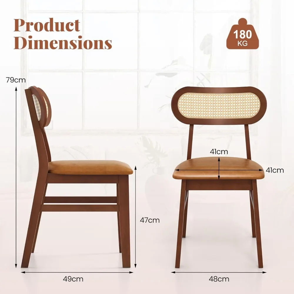 

Wooden Dining Chairs , Mid-Century Modern Kitchen Chairs with Upholstered Seat & Rattan Backrest