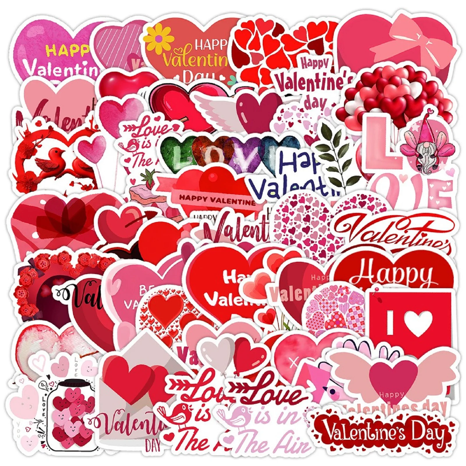 50PCS Pink and Red Series Valentine's Day Love Graffiti Stickers Multipropose DIY Decorative Stickers for Book Suitcase Phone