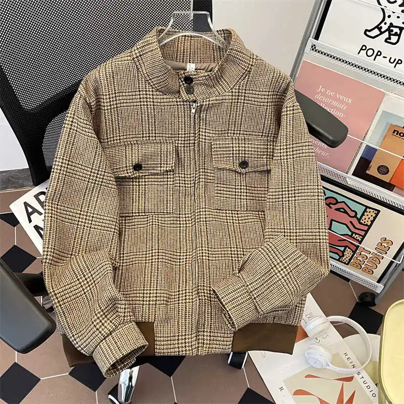 Damen Braun Kariert Herbst Jacke Mantel Vintage Harajuku Ästhetische Langarm Harrington Jacke Oberbekleidung 2000er Jahre Mode Kleidung