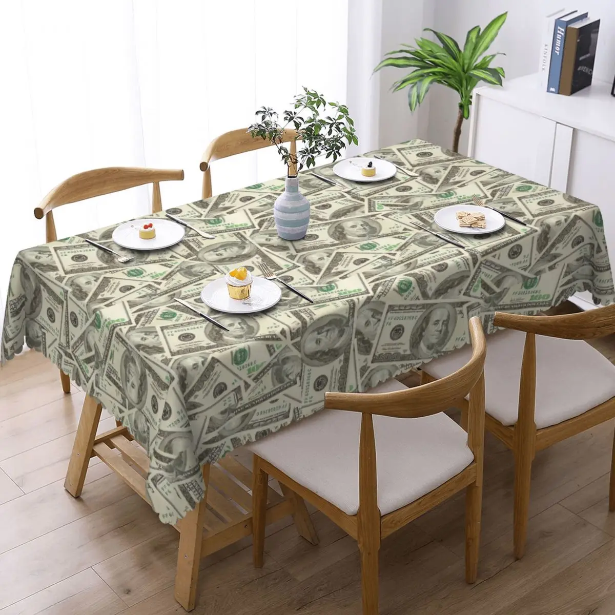 Custom 100 Dollar Bills Rectangular Tablecloth Oilproof Table Cloth Money Table Cover