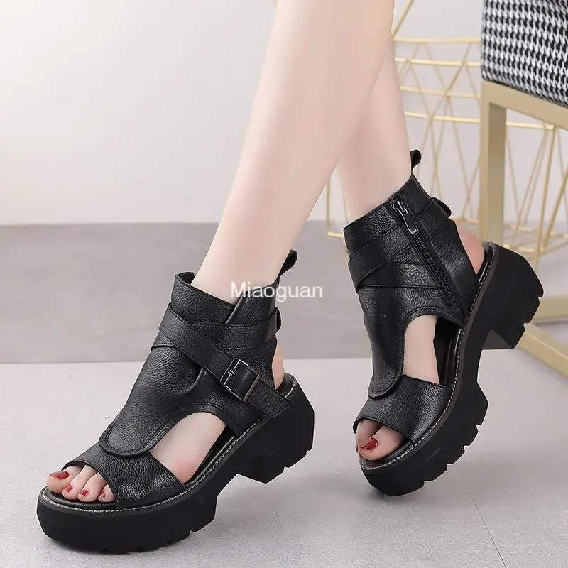 2023 New Summer Shoes Women Sandals Retro Rome PU Leather Woman Wedges Platform Sandals Peep Toe High Heel Sandals Black Casual