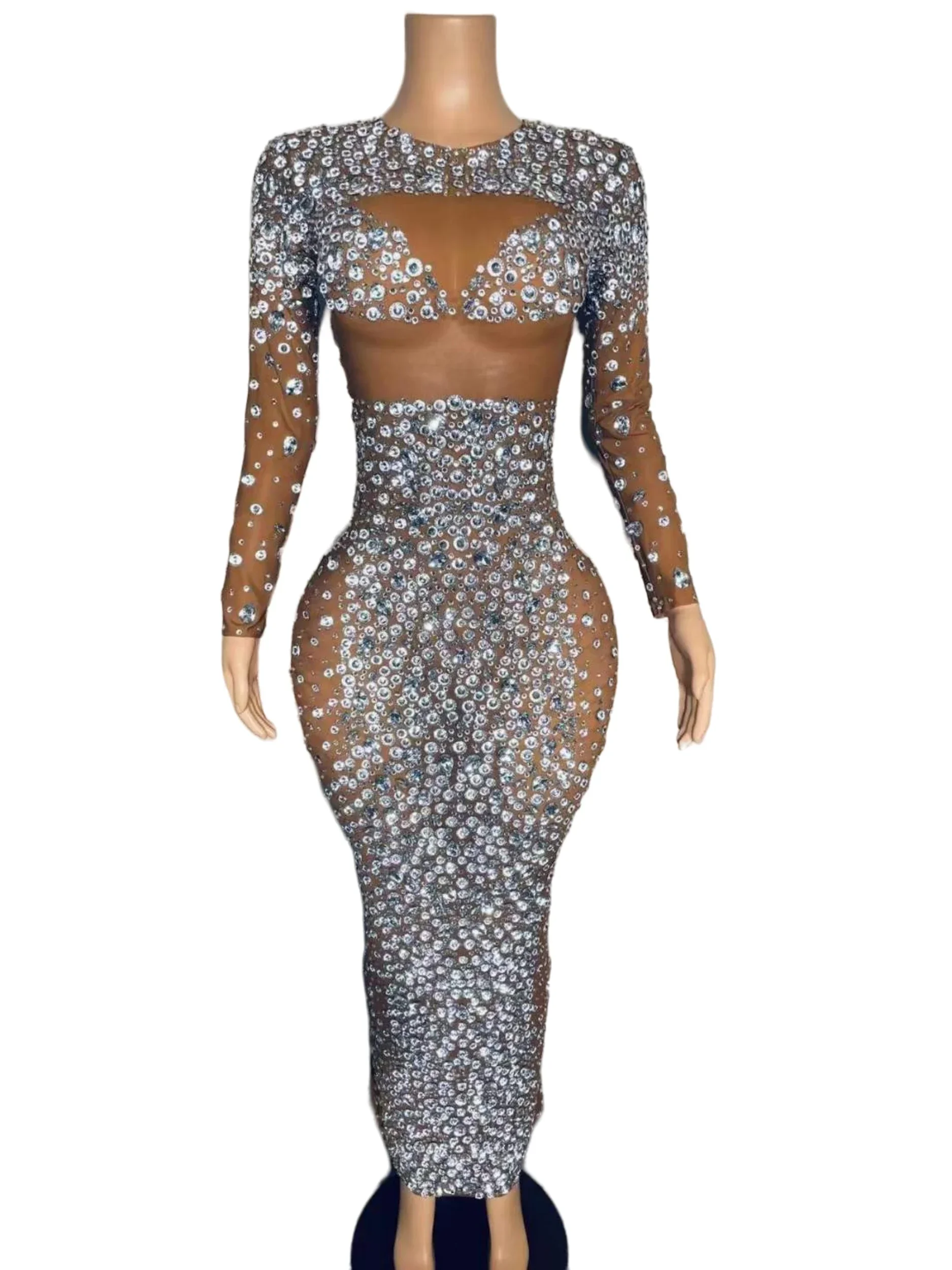 

Sparkly Rhinestone Women Long Dress Crystals See Through Mesh Birthday Stage Performance Singer Outfit Stretch