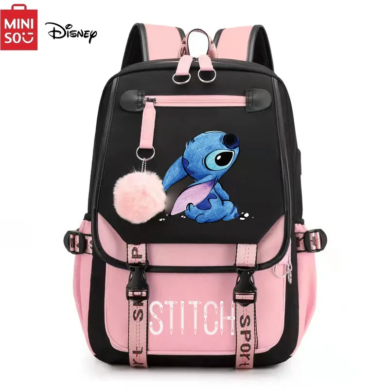 MINISO Disney Stitch Mochila Feminina Backpack USB Charging School Bag Teenage Girls Boys Laptop Back Pack Women Travel Bagpacks