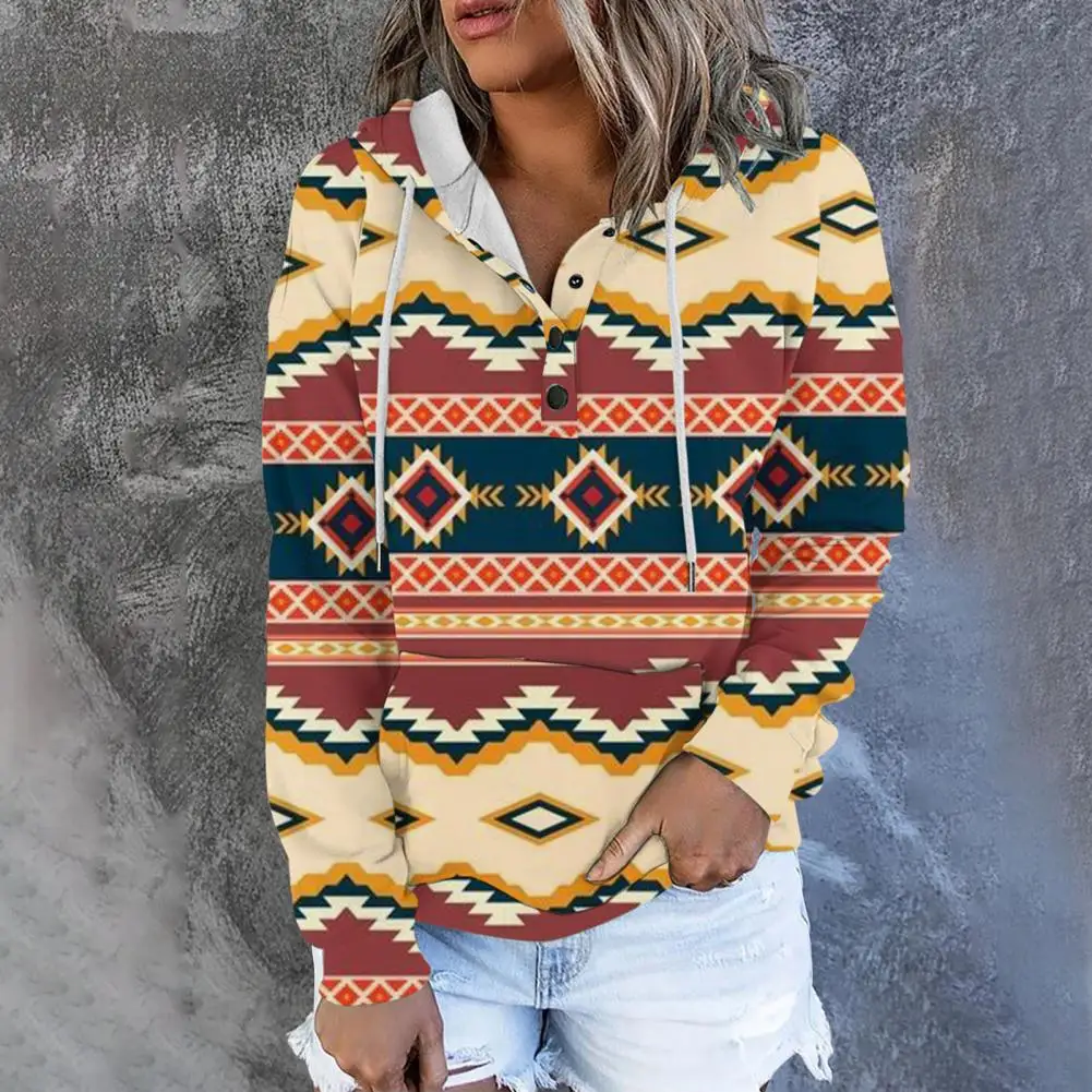 Women Hoodie Ethnic Print Long Sleeves Drawstring Pullover Top Streetwear Retro Loose Sweatshirt Sudadera Mujer 후드티 худи هودي