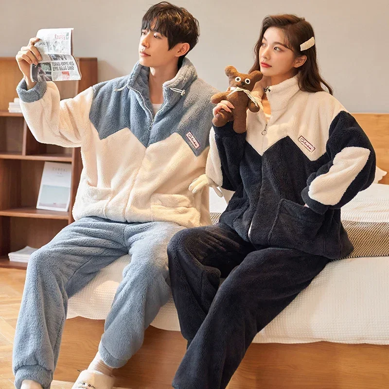 Coral Fleece Pajamas Couple Autumn and Winter Student Women's Thickened Warm Men's Flannel Loose Zipper Homewear Set pyjamas