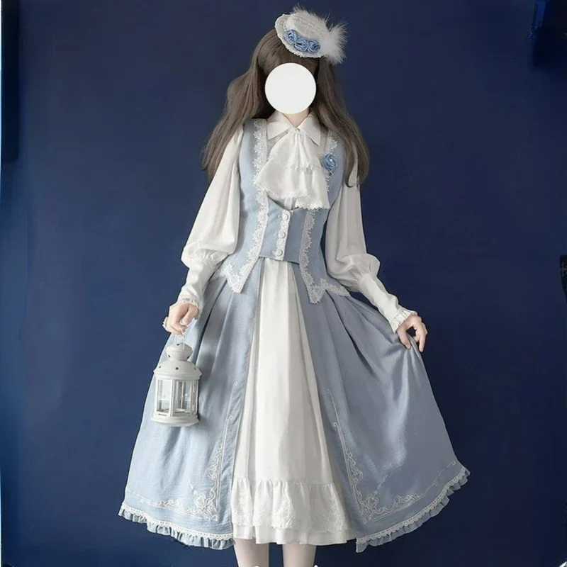 Vintage Victorian Lolita Dress Sets Women Sweet Bow White Shirts High Waist Elegant Princess Skirts Evening Party Midi Dresses