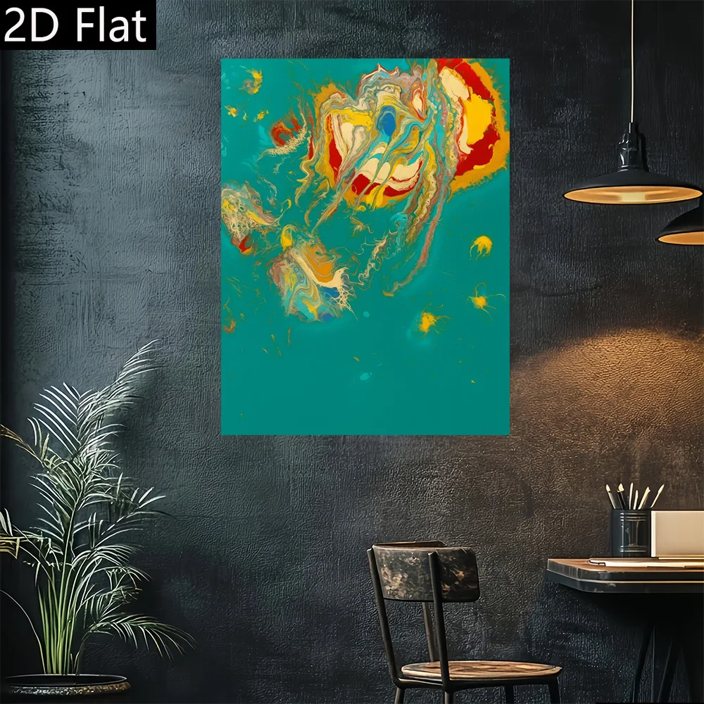 ملصق فني سائل تجريدي بدون إطار مكون من قطعتين مسطحًا، قطعة واحدة - أزرق فيروزي، أصفر، أحمر، أسود، أبيض، لوحة ريترو حديثة ذهبية - Hig