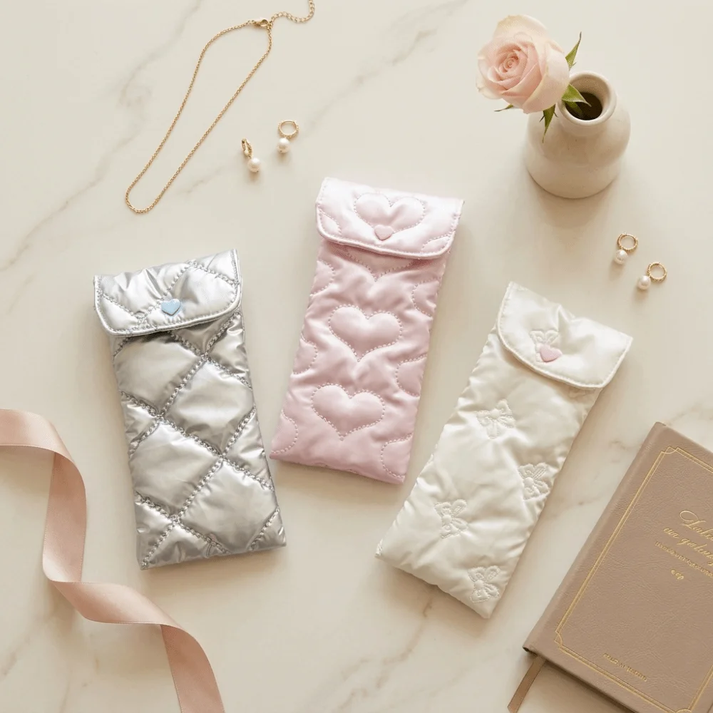 PU Bow Sunglasses Pouch Shiny Surface Heart Embossed Eyeglasses Storage Case Snap Button Soft Fluffy Lining Eyewear Carry Case