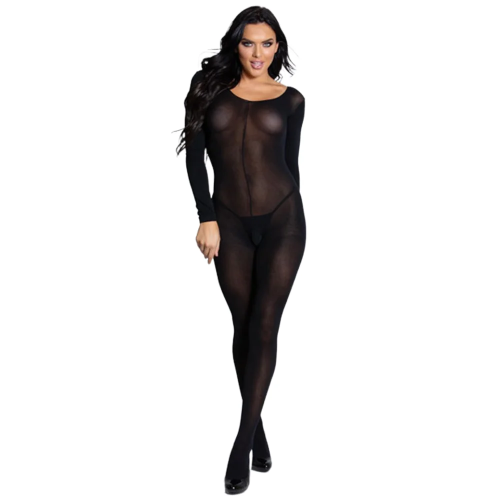 Hot Open Crotch Bodysuit Women Sexy Lingerie Crotchless Bodystockings Porn Costume Black Jumpsuit Transparent Underwear New